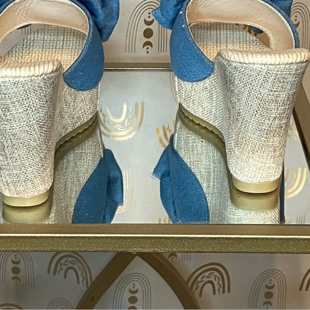 Espadrille Wedge Slide Sandals | Denim Bow | Size 9